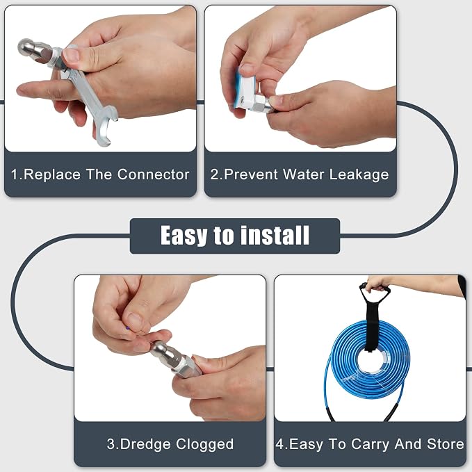 150 FT Sewer Jetter Kit for Pressure Washer, 5800PSI Water Jet Drain Cleaner Hose, 1/4 Inch NPT Corner with 4 Sewer Jetting Nozzles, Pearl Corsage Pin, Waterproof Tape, Handle Strap&2 Spanner (Blue)
