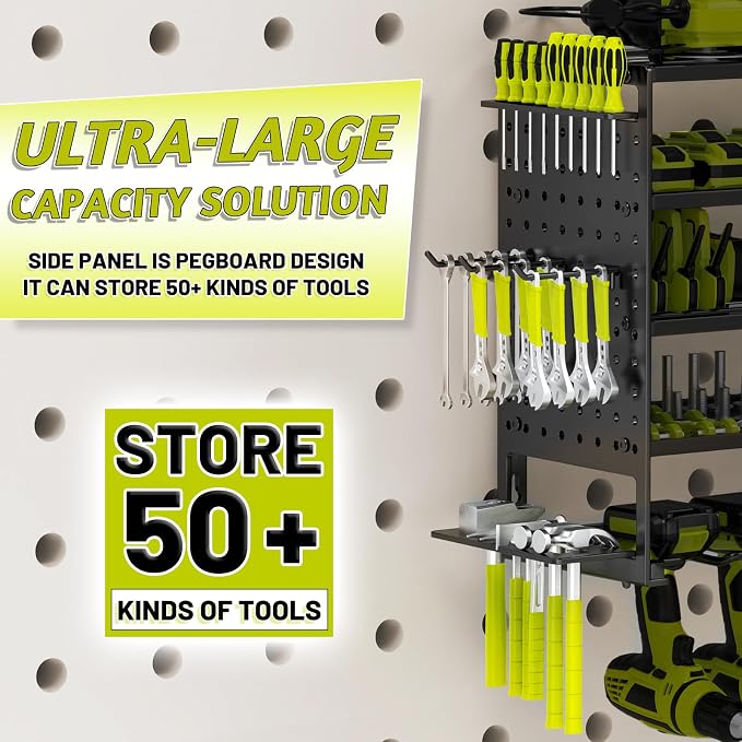 5 Layers Power Tool Organizer Wall Mount, Metal Cordless Tool Hanger Storage Rack Holder with 8 Drill Holders, Heavy Duty Garage Wall Tool Shelf for Workshop Tool Room Shed Pegboard (Black)