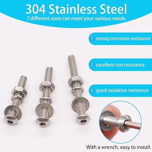 380PCS M4 Screw Kit, M4 x 6/8/12/16/20/25/30mm Button Head Socket Cap Screws Bolts Nuts Washers Assortment Kit, 304 Stainless Steel M4 Bolts with Hex Wrench