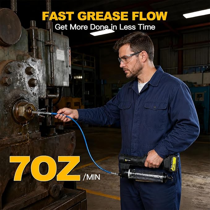 Electric Grease Gun, Upgraded Cordless Grease Gun 2-in-1 Dual Pistol & In-Line Grip, 12000 PSI 7oz/min Flow, 2×4.0Ah battery , 39.4" & 11.8" grease gun hose 4 Couplers Light, for Farm Truck Mechanics
