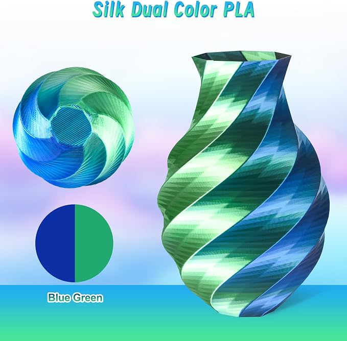 ERYONE PLA Filament 3D Printer Filament Multicolor 1.75mm +/- 0.03mm, PLA Filament 250g Spool, Silk Dual Color Blue Green