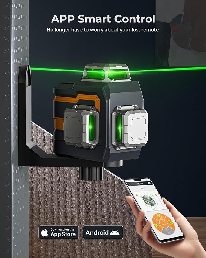 3x360° Laser Level with Remote&APP Control, Green Self Leveling Cross Line Laser for Construction and Picture Hanging, 3D Vertical/Horizontal Line, Magnetic Rotating Stand Included