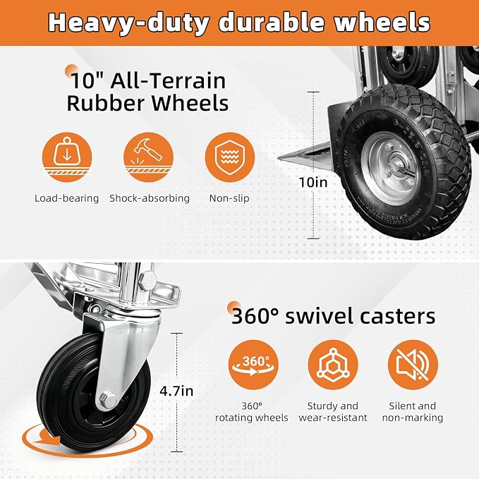 Aluminum 4 in 1 Convertible Hand Truck Dolly, 1000Lbs Capacity, Heavy Duty Folding Hand Truck Dolly Cart with Wheels 10" All-Terrain Tires, Hand Trucks for Logistics, Home, Office, School, Silver