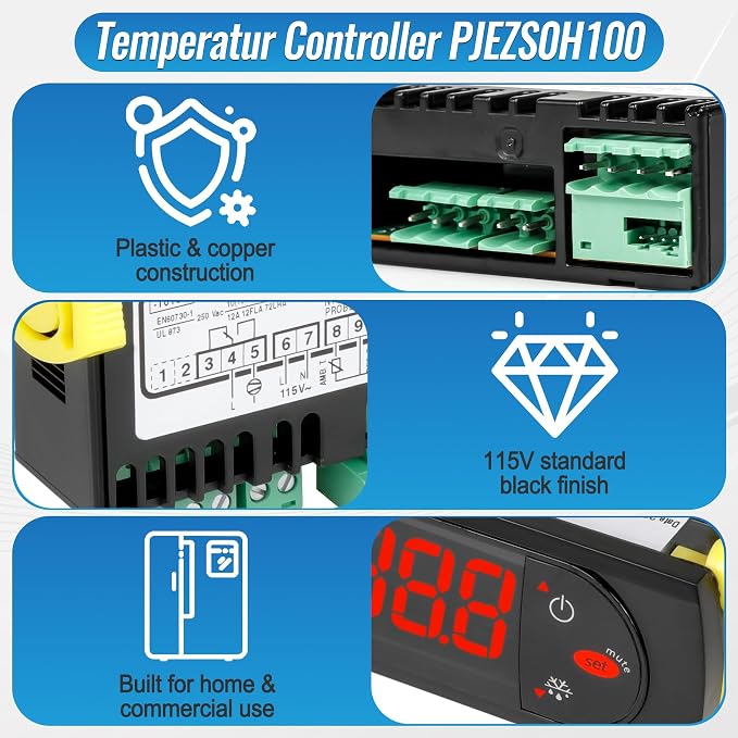 Replacement for Carel PJEZS0H100 Temperature Controller, for 115V 50/60hz Refrigerators/Freezer Types, Digital Thermostat with Sensor Probe & Mounting Hardware