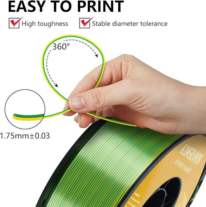 Kingroon PLA Filament, Multicolor Silk PLA Filament, Dual Color 3D Printer Filament, 1.75 mm, Dimensional Accuracy +/- 0.03 mm, 1kg Spool(2.2lbs), Yellow Green
