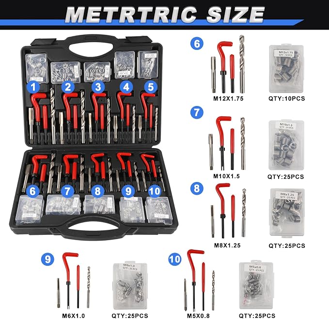263PCS Thread Repair Kit HSS Drill Helicoil Kit, Rethreading Tool | Rethreading Kit with Thread Gauge Metric and SAE1 /4" 5/16" 3/8" 7/16" 1/2" M5 M6 M8 M10 M12