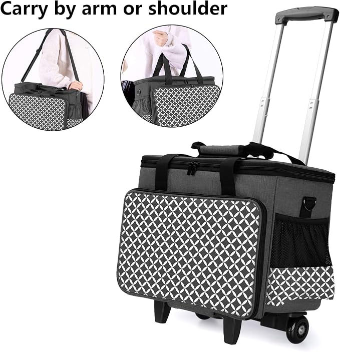 Yarwo Upgraded Rolling Sewing Machine Carrying Case, Detachable Trolley Tote Bag with Removable Bottom Board and Thickened Trailer Leg for Most Standard Sewing Machine and Accessories, Black with Grid