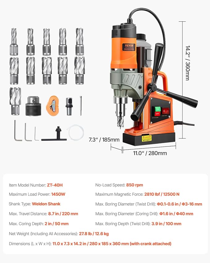 VEVOR Mag Drill Press, 1300W 1.57" Boring Diameter, 2922lbf Power Portable Magnetic Drill, 810 PRM, 11Pcs Drill Bits Electric Drilling Machine for Metal Surface, Industrial and Home Improvement | For Metal Surface, 810 PRM, with 11Pcs Bits, Portable, T...