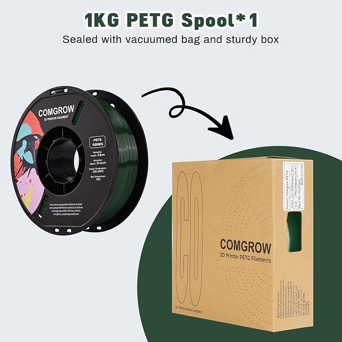 Comgrow PETG 3D Printer Filament 1.75mm, High Precision and Tough 3D Printer Filament (2LBS), Dimensional Accuracy +/- 0.02 mm, Fit Most 3D Printers Military Green