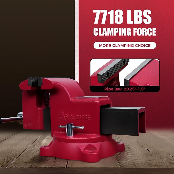 5" Heavy-Duty Bench Vise, 5" Jaw Width & Opening, 7,718 lbs Clamping Force, 60,000 PSI Ductile Iron Vise with 360° Swivel Base, Anvil & Pipe Jaws for Metalworking, Woodworking & DIY (RS50)