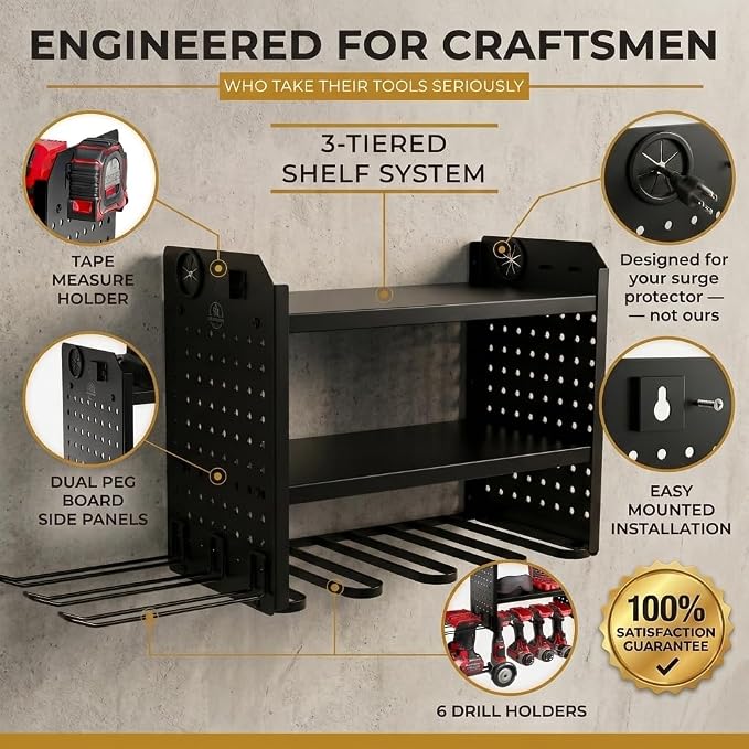 BUILTSTRONG Power Tool Organizer Wall Mount – 3-Tier Heavy-Duty Steel Rack, 6 Drill Slots, Dual Pegboard Sides, Side-by-Side Modular, 100 lb Capacity – Garage & Workshop (Black)