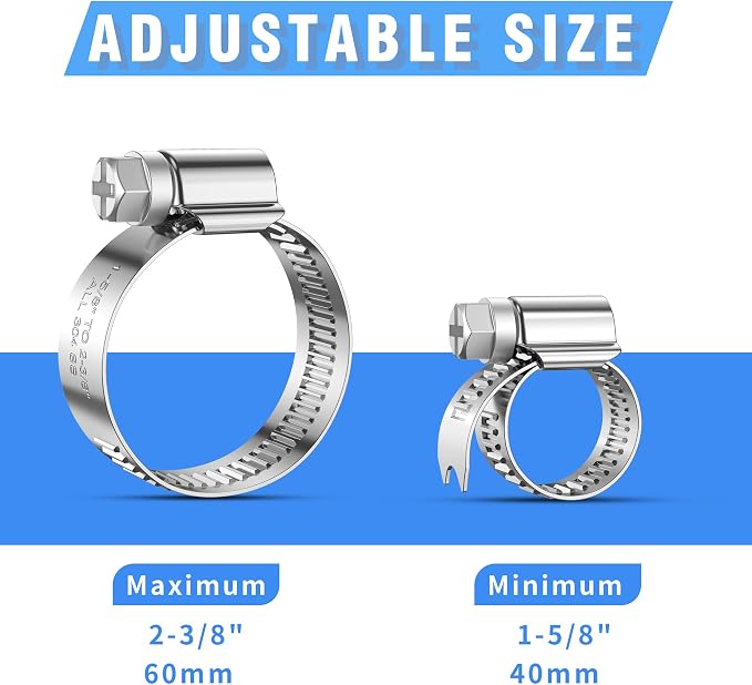 12PCS Heavy Duty Hose Clamps Stainless Steel 304,1-5/8" Hose Clamp to 2-3/8" Hose Clamp (40-60mm) Adjustable Worm Gear Drive Radiator Hose Clamps,Pipe Clamp for Plumbing, Garden, Car and Ships
