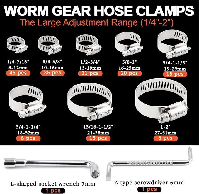 175Pcs Worm Gear Hose Clamps 304 Stainless Steel Assortment Kit 1/4"to 2"(6-51mm) Adjustable Hose Clamps, Small Heavy Duty Hose Clamps for Automotive/Garden/Water Pipe/Sprinkler Line/Fuel Line