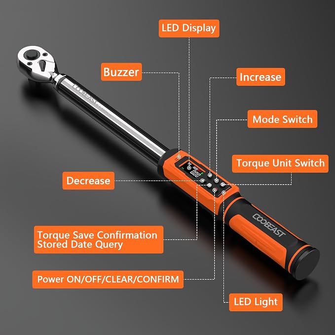 Digital Torque Wrench, 1/2 Drive Electronic Torque Screwdriver with Preset Value(3.76-250.8 Ft.lbs./5.1-340Nm), Buzzer and LED Flash Five Units of Measure Torque Wrench for Motorcycle, Auto Repair