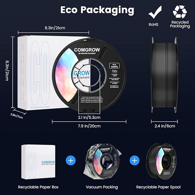 Comgrow PLA 3D Printer Filament, 3D Printer PLA Filament 1.75mm, Dimensional Accuracy +/- 0.02 mm, 1KG Spool PLA Black