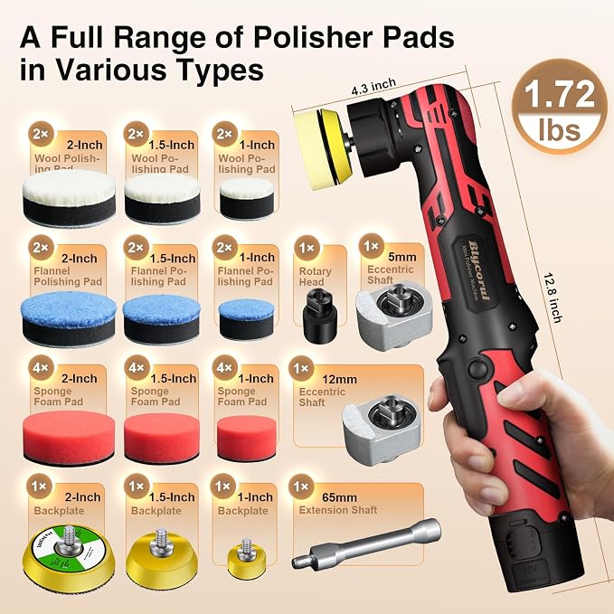 Cordless Mini Polisher,1/1.5/2Inch,DA&RO with 11 Variable Speed 2500-6000 RPM,2.3Ah Rechargeable Battery,Red Car Detailing Micro Polisher