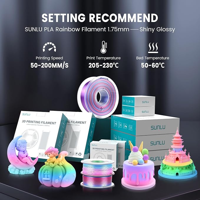 SUNLU 3D Printer Filament Bundle, PLA+ Silk Rainbow Filament Multicolor 1.75mm, Individually Vacuum Packed, 250G Spool, 8 Rolls, 2kg in Total, 8 Rainbow Color, Suit for Christmas Print