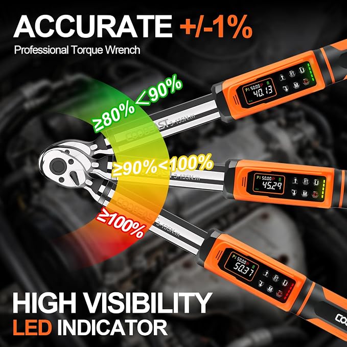 coobeast Digital Torque Wrench, 3/8 Drive Electronic Torque Wrench with Preset Value(1.5-99.5 Ft-lbs./2-135Nm), Buzzer and LED Flash Five Units of Measure for Bike Motorcycle Car