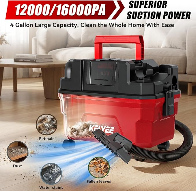 Cordless Shop Vac - 4 Gallon Small Shop Vac Wet and Dry with Accessories, 2 x 4.0Ah Batteries Wet Dry Vacuum, Ideal for Garage, Car, Workshop (Red)