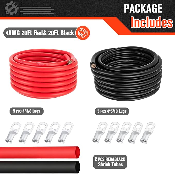 4 Gauge Wire 4 Awg Battery Cable 20FT Red + 20FT Black, 4AWG Pure Copper Wire for Automotive, Battery, Solar and Generator, 4AWG Welding Cable with Cable Lugs Terminal Connectors and Heat Shrink Tube