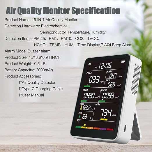 Professional Indoor Air Quality Monitor with AQI Alerts, Portable Real-Time Detector for Home, Car, Plants & Pet (Pearl White)