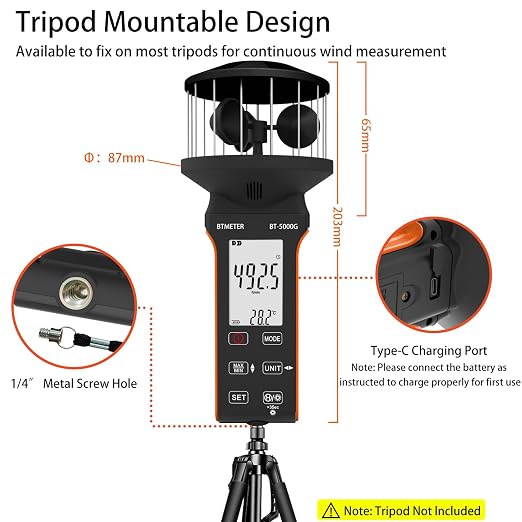 BTMETER Cup Anemometer - Handheld Airflow Meter BT-5000G Wind Speed Meter with LCD Backlight, Max/Avg/Current Mode to Measure CFM Air Flow Velocity Volume & Wind Temp for HVAC Sailing Drone Golf