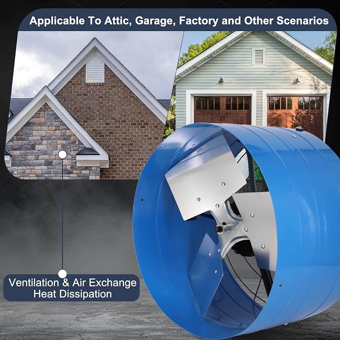 Criditpid 16 Inch Gable Mount Vent Attic Fan, Exhaust Ventilation Fan with Adjustable Thermostat for Gable, Home, Shed, Garage, Portable Building, 4A, 1050RPM, 1945CFM, Blue.
