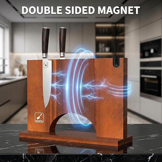 Imarku Magnetic Knife Block with Built-in Handle, Double Sided Acacia Wood Magnetic Knife Holder for Kitchen Counter, Magnetic Knife Storage Stand with Knife Sharpener, Easy to Clean & Move