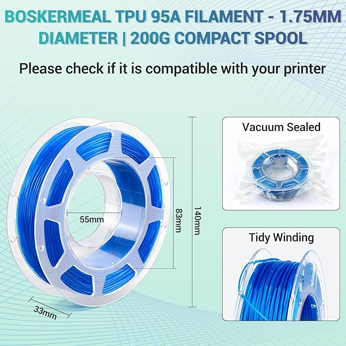 8Pcs 95A TPU Filament Bundle - 1.75mm 3D Printer Filament Pack, High Hardness, Flexible & Clog-Free, Accuracy +/- 0.03mm, Individually Vacuum Packed, Fits Most FDM Printers, 200g Spool x 8