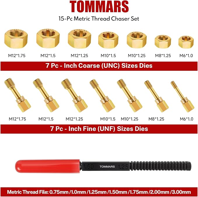 TOMMARS 15-Piece Metric Thread Chaser Set, M6 M8 M10 and M12 | Thread Restorer Tool and Rethreading Repair Kit for Cleaning, Restoring and Repairing Damaged Metric Threads