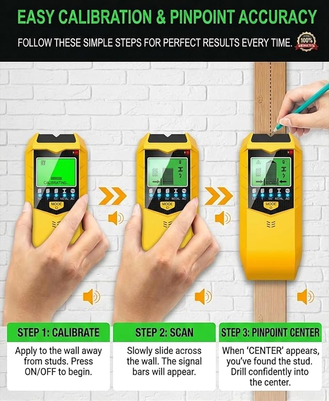 Stud Finder Wall Scanner - 5 in 1 Electronic Stud Sensor with Intelligent Micro-Sensor Chip, Wood Metal AC Wire Detector for Drywall & Plaster, Center Finding for TV Mount & Shelving