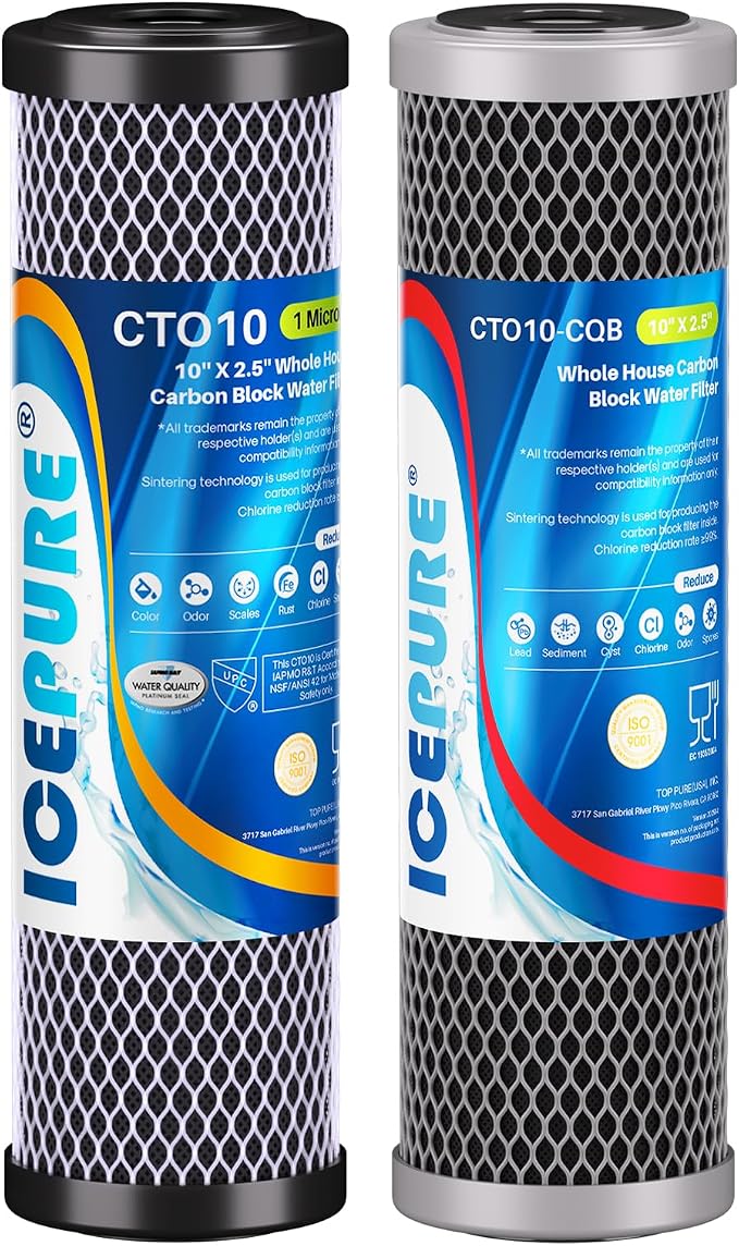 ICEPURE 2.5"x 10" Whole House CTO Carbon Water Filter Combo Kit, 10 Inch Carbon Block Cartridge and Upgraded Coconut Shell Activated Carbon Lead Remove Filter Replacement for WFPFC9001, SCWH-5, 1Combo