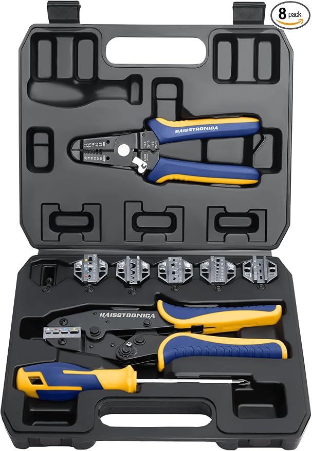 haisstronica 8PCS Crimping Tool Set - Ratchet Wire Crimping Tool for Heat Shrink,Insulated Nylon,Non-Insulated,Ferrule Wire End,Open Barrel Terminals,Solar Connectors