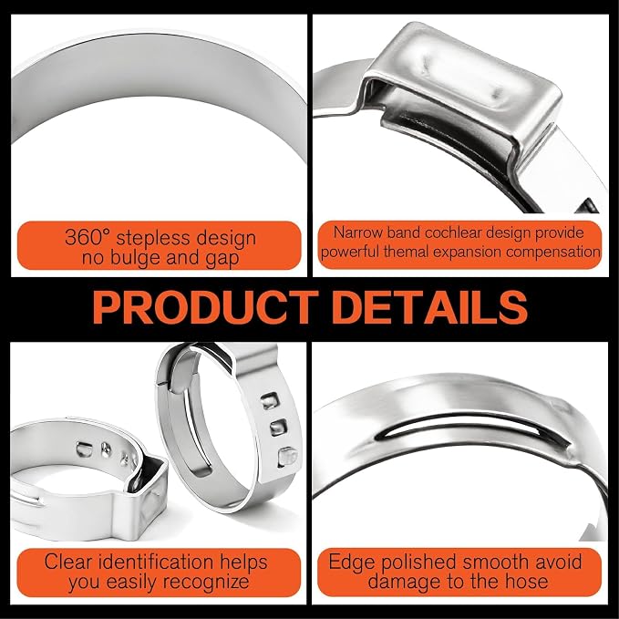 360PCS 16 Sizes Single Ear Hose Clamp Assortment Kit, 5.3 to 36.1mm 304 Stainless Steel Stepless with Clamp Crimp Plier & Tweezers For Fuel Line,Pipe, Automotive and Home Appliances