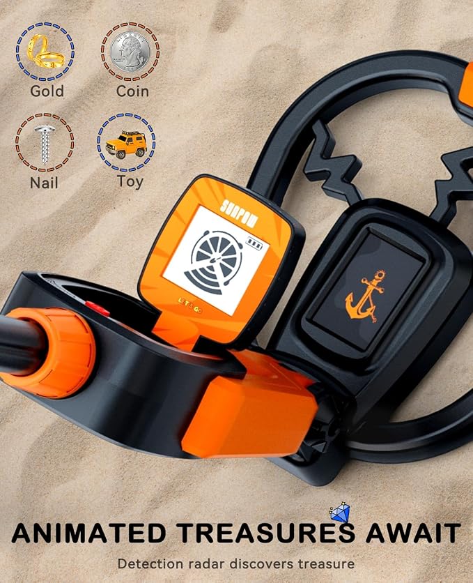SUNPOW Kids Metal Detector with Treasure Animation & Waterproof Coil - Adjustable Stem (23.6”-27.6”) - Kit Includes Shovel, Rake, Bag - Ideal Gift for Boys & Girls 6-12 for Beach, Park, Backyard -MD20