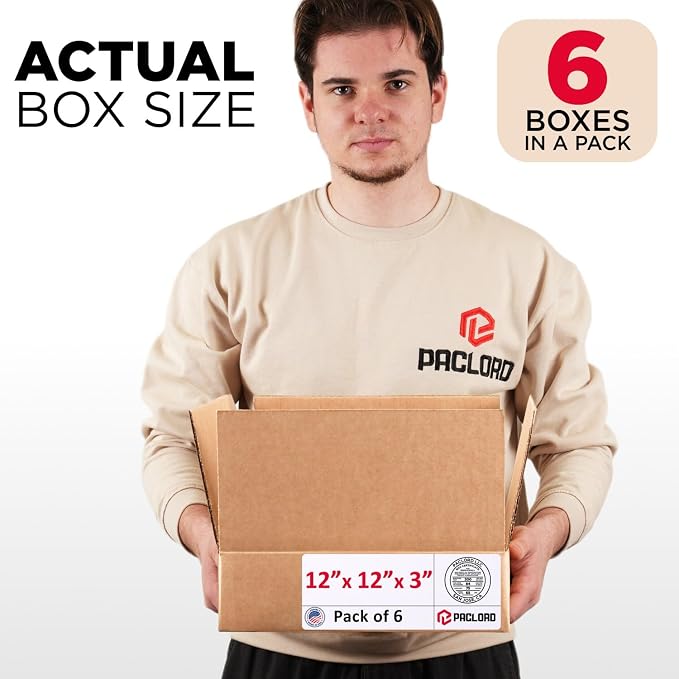 Flat Cardboard Boxes 12"L x 12"W x 3"H (Pack of 6) - USA-Made Packing Boxes for Moving, Shipping, or Storage - USPS, UPS, FedEx Approved - Professional Packing Supplies for Moving | USA-Made Packing Boxes for Moving, Shipping, or Storage - USPS, UPS, F...