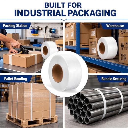 Heavy Duty 1/2" Polypropylene Strapping Roll, 600 lb 3937 ft PP Packing Banding Strap, Industrial Tensile Strength, Machine Strapping for Cartons, Pipes, Shipping, Warehouse, Industrial Packaging