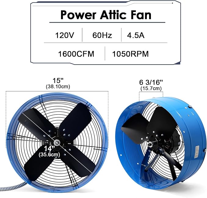 Hiorucet Upgraded 15 Inch Gable Vent Exhaust Fan, 1600CFM 2400 SQF High Performance Low Noise Gable Mount Attic Fan with Adjustable Thermostat, 14 Inch Blade and Permanently Lubricated Motor, Blue.