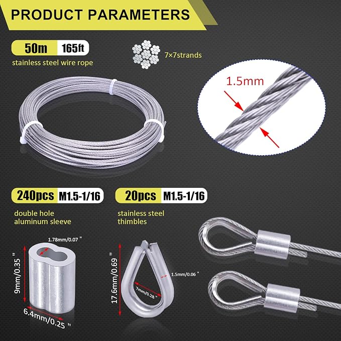 Twidec/222PCS 8 Sizes Aluminum Crimping Loop Sleeve M1.2-M6(3/64''-1/4'') And Wire Rope Crimping Tool Kit Up To 2.2mm Swaging Tool With 165FT 1/16'' 304 stainless steel Wire Rope