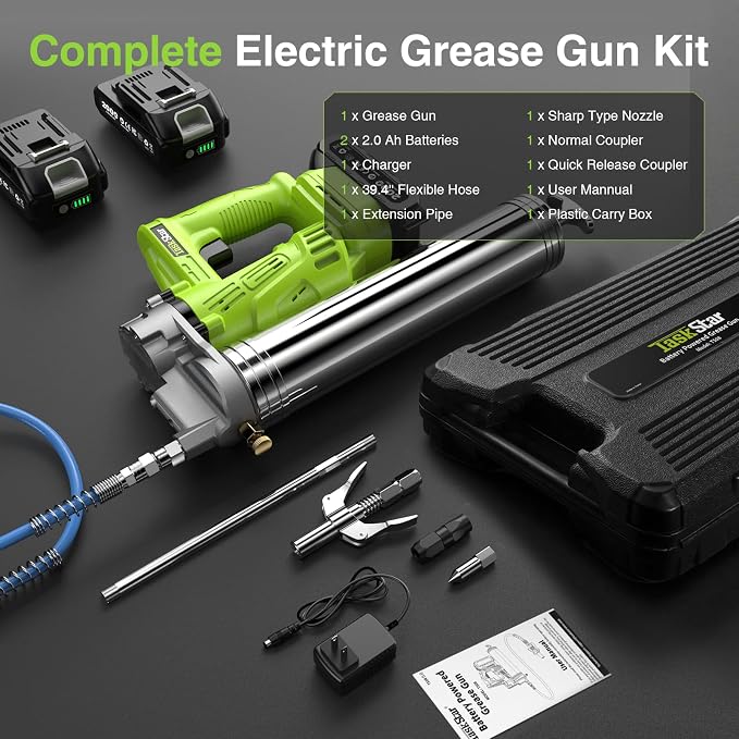 TaskStar Electric Grease Gun with Quick-Release Coupler, Battery Powered Grease Gun Kit with 2 Batteries & Charger, 4.6 oz/min High Flow, 10000 PSI for Tractor, Truck, Trailer & Equipment Maintenance