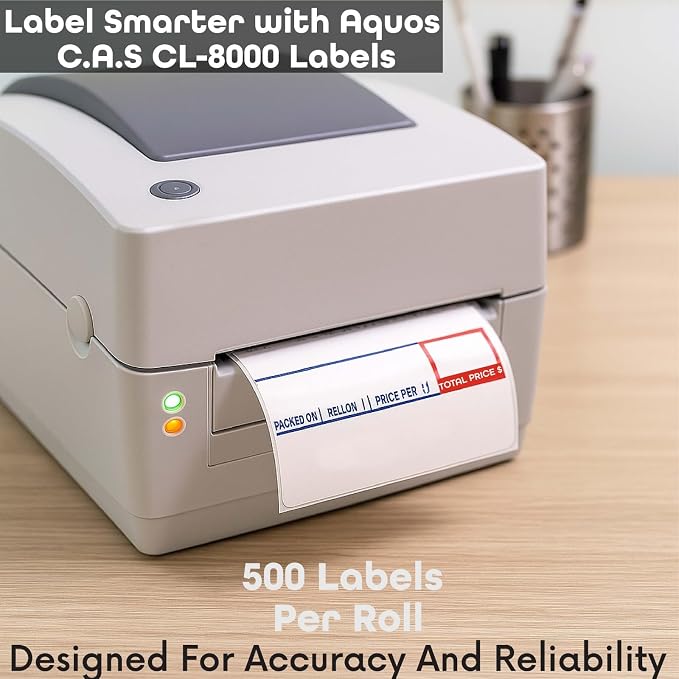 Aquos CAS CL-8000 Printing Scale Label Rolls | Direct Thermal Labels for CAS Scales | Label Roll with Strong Adhesive | Smudge-Free Thermal Paper | Made in USA