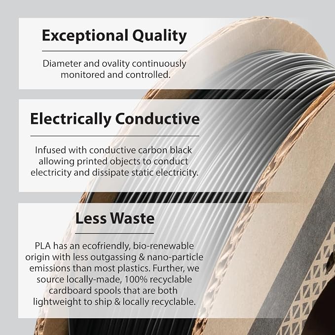 Protopasta Electrically Conductive Composite Black PLA 3D Printer Filament for Electrically Conductive 3D Prints | Easy Printing with Low Warp | 1.75mm Filament | 2kg with Recyclable Cardboard Spool