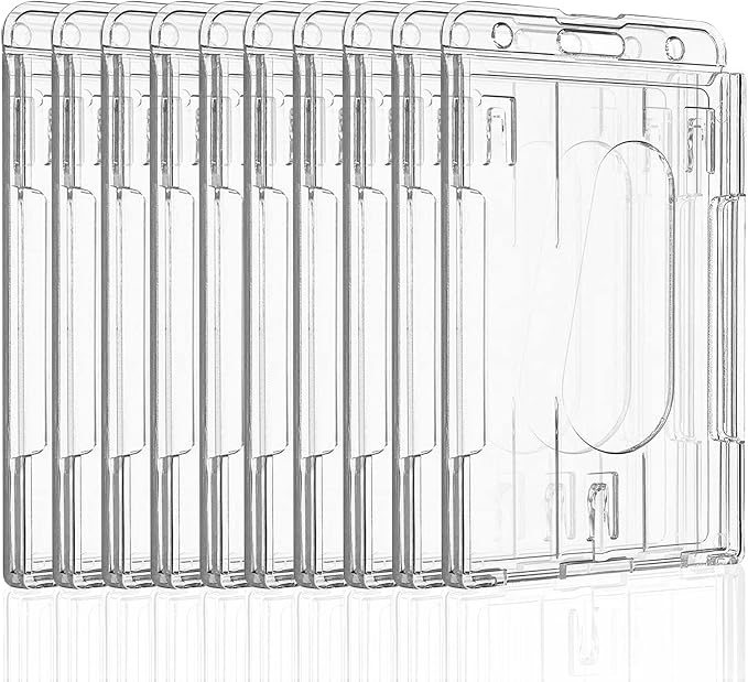 Pawfly 10 Pack Vertical 2-Card Badge Holders for Office IDs | Ten rigid transparent vertical holders fit 2 cards each; thumb slots make office IDs and access cards easy to remove