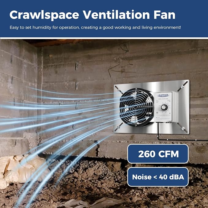 ALORAIR 260 CFM Stainless Steel Crawl Space Ventilation Fan with Humidistat Dehumidistat, IP55 Rated Crawlspace Vent Fan for Foundation Basements Garage Attic