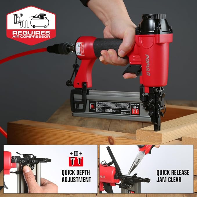 POPULO Pneumatic Brad Nailer & Staple Gun, 18 Gauge Air Powered Nail Gun, Requires External Air Compressor, Includes 1600 Nails & Staples for Upholstery, Trim, Furniture & Woodworking