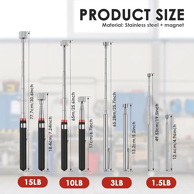 16Pcs Telescoping Magnetic Pickup Tool 15/10/3/1.5LB Extendable Magnet Stick Set Grabber Tools Stainless Steel Portable Bolt Screws Reacher Magnetic Nail Picker for Men Husband Birthday Christmas