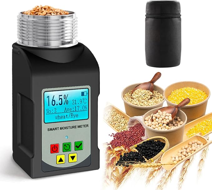 Moisture Meter, Grain Moisture Tester for 40 Kinds with Temperature Compensation and DataStorage High Precision lab Humidity meter Portable Seed Moisture Tester for Wheat, Corn, Coffee Moisture Meter