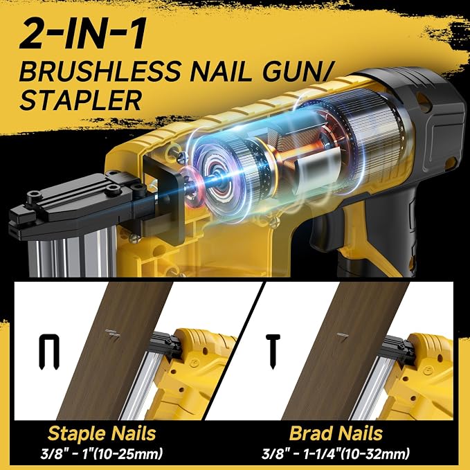 Cordless 2-in-1 18GA Brad Nailer & Stapler, Compatible with Dewalt 20V Max Battery (No Battery), Electric Nail Gun/Staple Gun Battery Powered with 1000 Nails/Staples for Wood Carpentry(Tool Only)