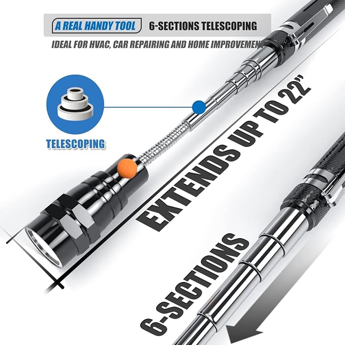 Extendable Magnetic Flashlight with Telescoping Magnet Pickup Tool-Cool Gadget, Fathers Day Dad Gifts, Birthday Gifts for Men, Dad, Husband, Him, Father, Mechanic, Boyfriend, Women, Black, 2 Pack