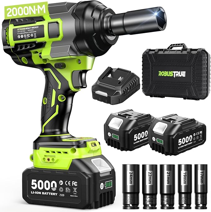 Robustrue Cordless Impact Wrench,1475Ft-lbs (2000N.m) 1/2 High Torque Brushless Impact Gun, 18V Power Impact Driver, 2 * 5000mAh Battery,5 Sockets, Brushless Variable Speeds for Car/Truck RV/Mower